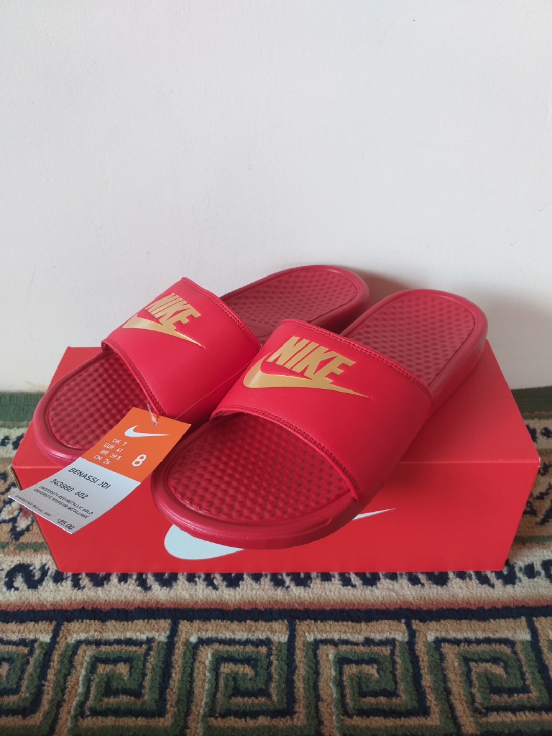 Nike Benassi JDI University Red & Gold, Men's Footwear, Slippers & Slides on Carousell