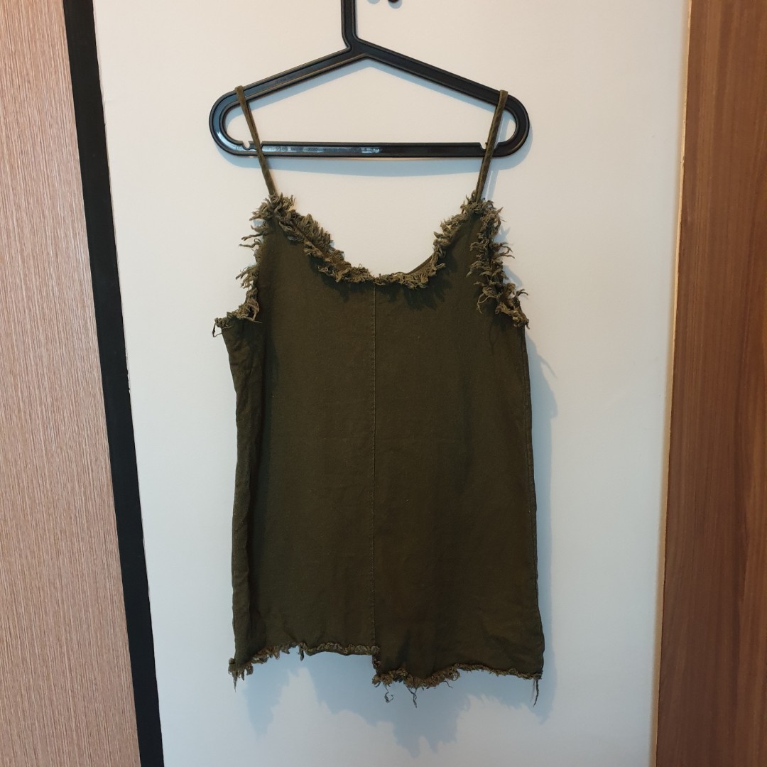 Olive Green Denim Dress, Women's Fashion, Tops, Sleeveless on Carousell