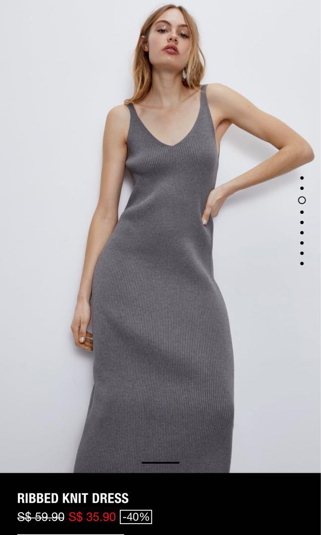 Zara Ribbed Knit Midi Dress in Grey