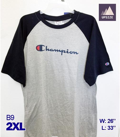 Champion T Shirt 2XL Lt. Grey w Navy Blue Sleeves Men s Fashion