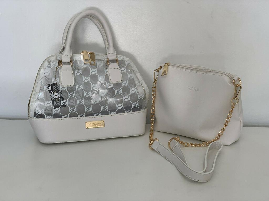 NEW BEBE JODIE CLEAR WHITE LOGO SMALL DOME SATCHEL CROSSBODY SLING BAG PURSE