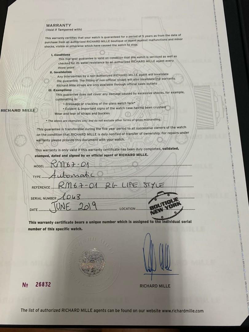 richard mille warranty