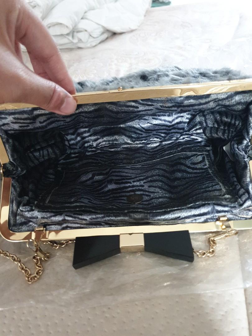 River Island grey/black fur clutch, Women's Fashion, Bags & Wallets