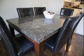 Stone-top dining table, with 6 dining chairs, wood leg finishing