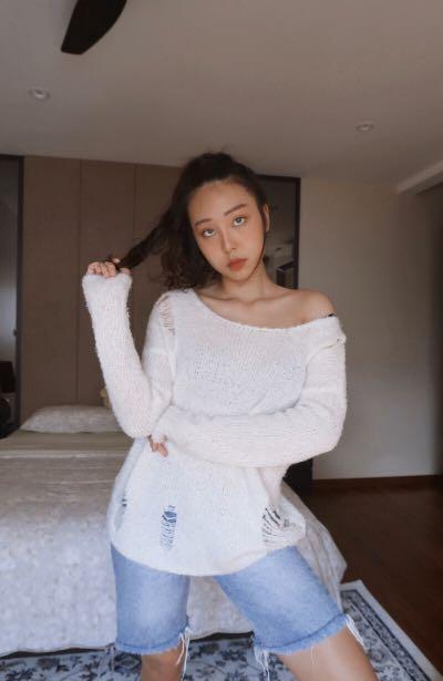 White Ripped Criss Cross Back Sweater