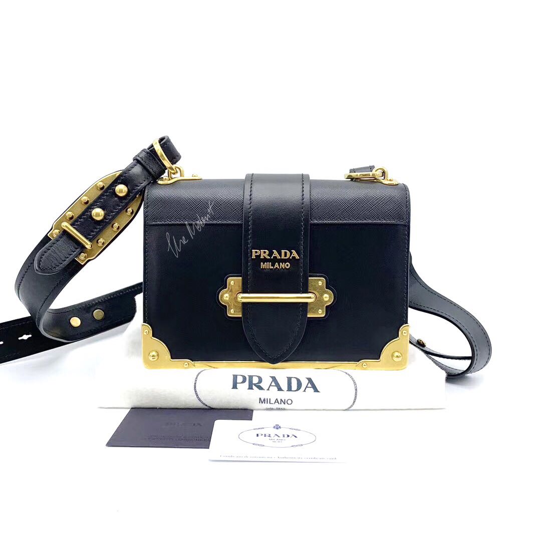 Authentic Prada Cahier Bag Black Calf Leather Gold Hardware, Luxury