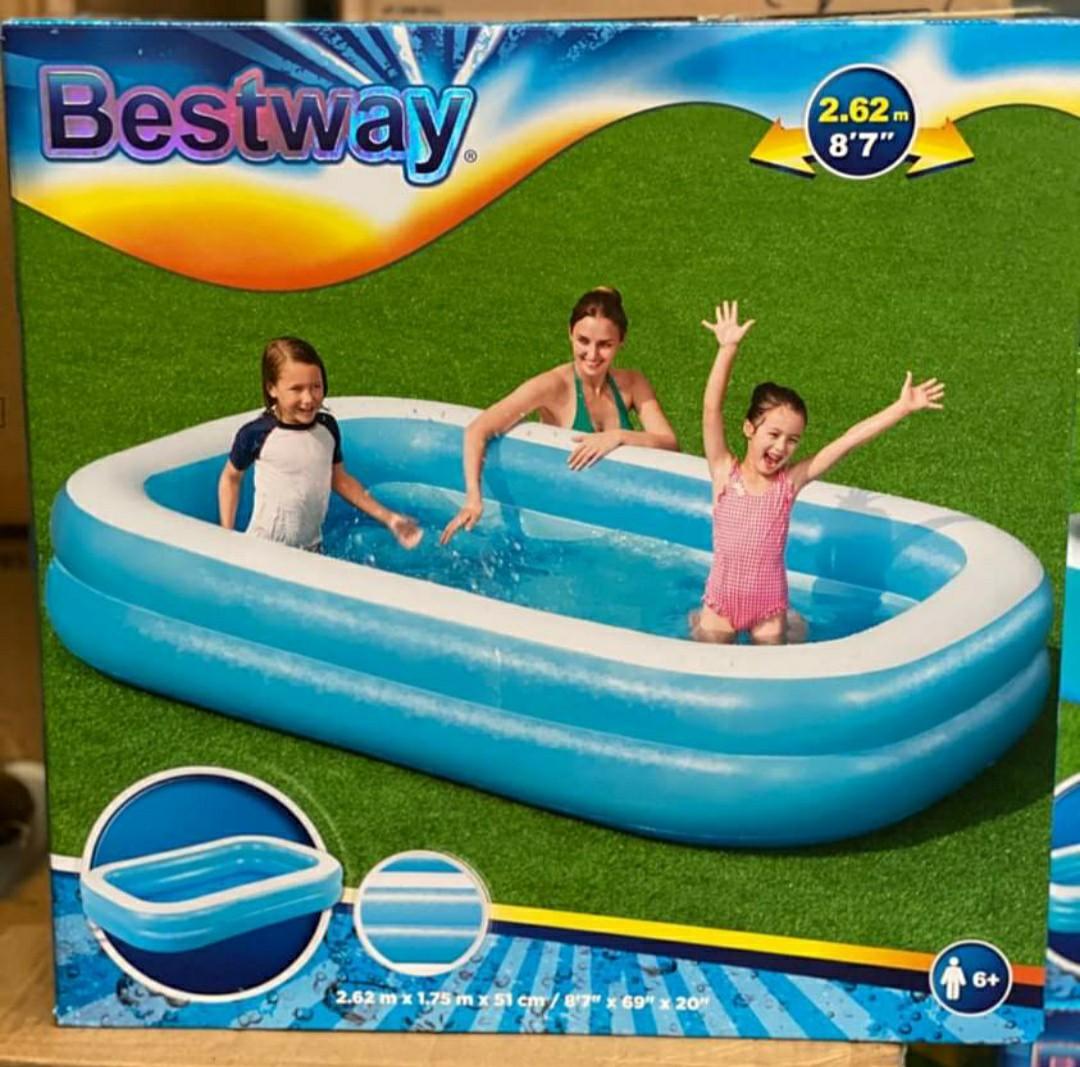 Bestway Rectangular Inflatable pool (Category: Water Sports) located in Quezon City. Submitted by randvonlineshop (Listing ID 1007525165, Image 2). Description: Beat the heat with this Inflatable pools Bestway Rectangular Inflatable Pools: Small : 54005 2.0: 2,300 Medium : 54006 2.6 : 2,500 Large : 54009 3.05 : 3,000 Note : Pump Sold Separately Payment thru : BPI/BDO/GCASH.
