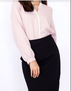 Contrast Long Sleeve Blouse Blush Women S Fashion Clothes