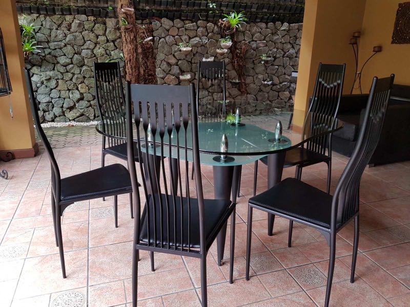 Glass Dining Table 5 Iron Leather Chairs Home Furniture Furniture Fixtures Tables Chairs On Carousell