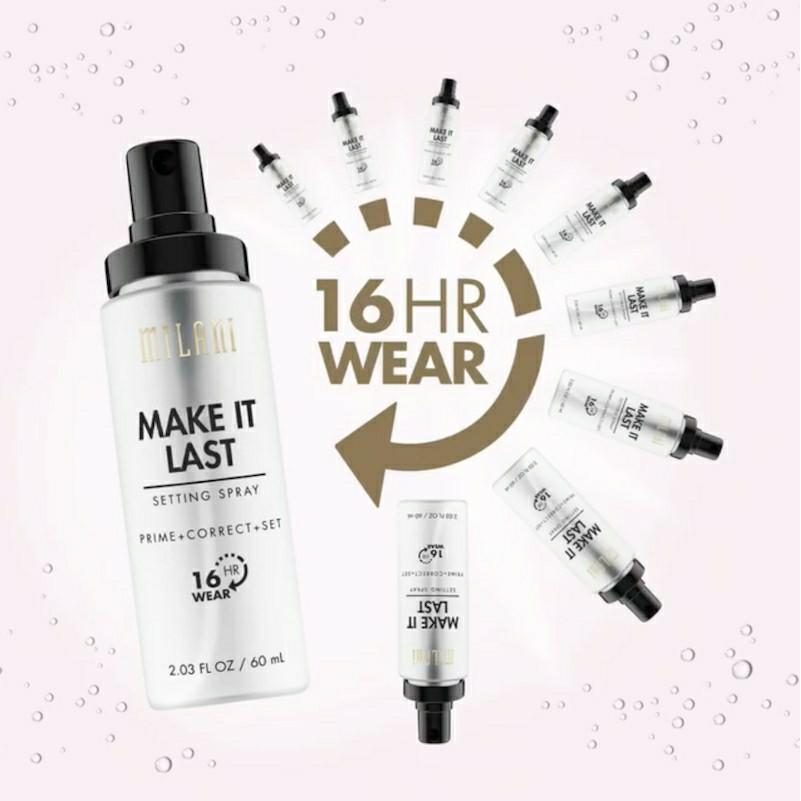 Milani Make It Last Setting Spray (Category: Makeup) located in Bacoor. Submitted by no.one.shop (Listing ID 1007514565, Image 1). Description: *PRE-ORDER* Lock in your makeup and keep that just applied look all day and into the night Primes, corrects and sets your look with a beautiful matte finish,Up to 16 hours without a crease or smudge in sight. Spray under or over makeup, or wear on its own Full size 2.03 Fl Oz/60 mL Pm me for more info.