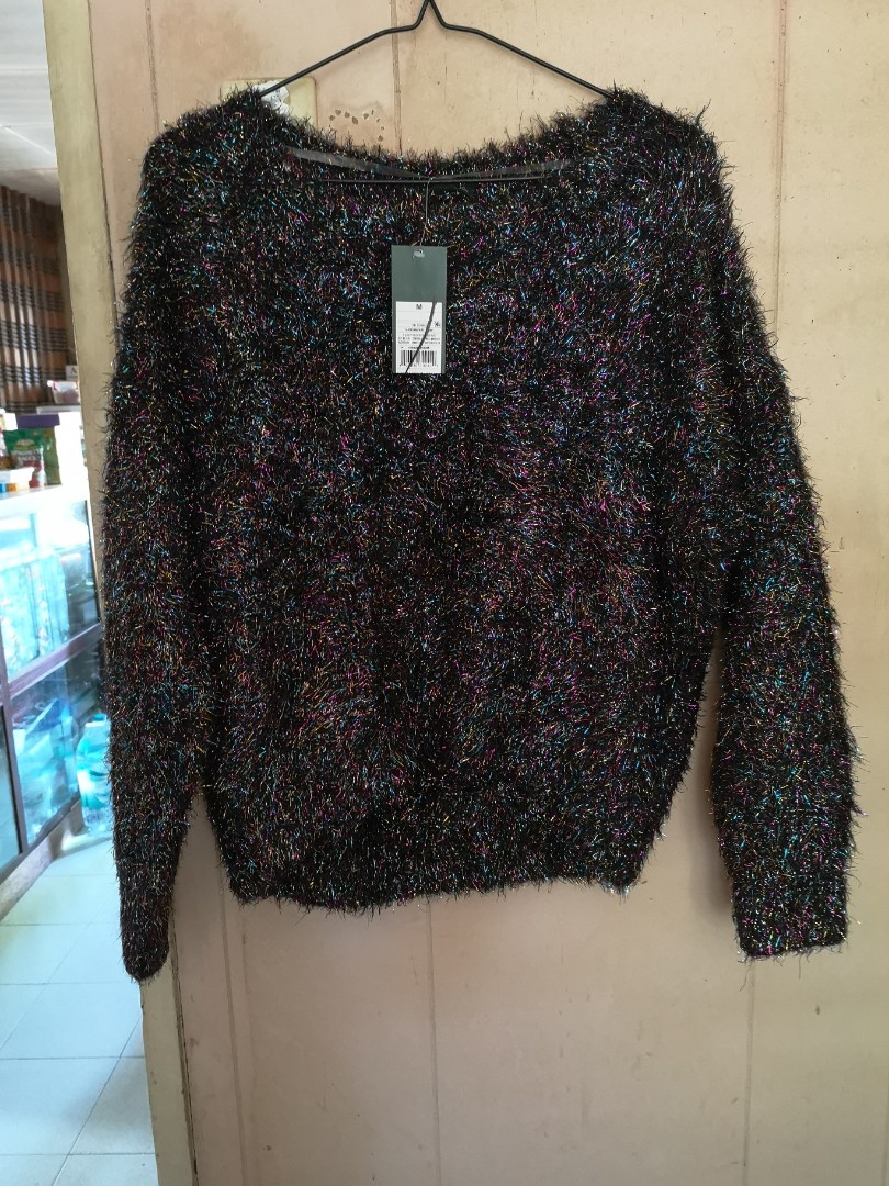 Wild fable black rainbow tinsel furry fuzzy sweater