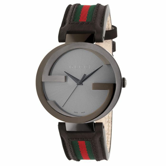 GUCCI INTERLOCKING G BLACK LEATHER MEN S WATCH 42MM YA133206