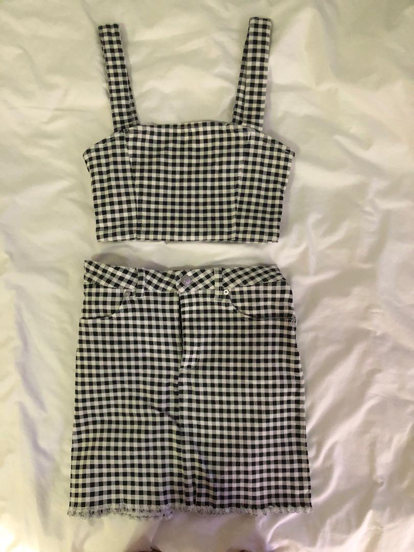 Forever 21 gingham crop top and denim skirt set, Women's Fashion