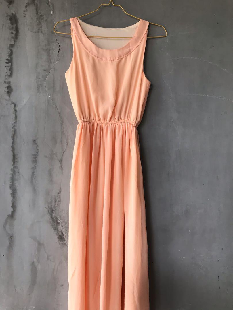 Long Dress Peach Pastel, Fesyen Wanita 