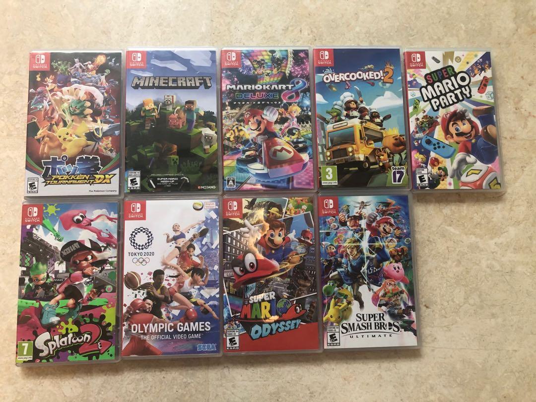 Switch Games (Category: Nintendo) located in Singapore. Submitted by nanakoh (Listing ID 1007561564, Image 1). Description: • Mario Kart Deluxe 8 - $60 (sold) • Mario Odyssey - $55 (sold) • Super Mario Party - $60 (sold) • Pokken Tournament - $50 (sold) • Minecraft - $35 • Overcooked 2 - $40 • Splatoon 2 - $60 (sold) • Olympic Games - $50 • Super Smash Bros - $55 (sold) > Self collection at Marine Parade area > Top up for mailing or courier > Dis