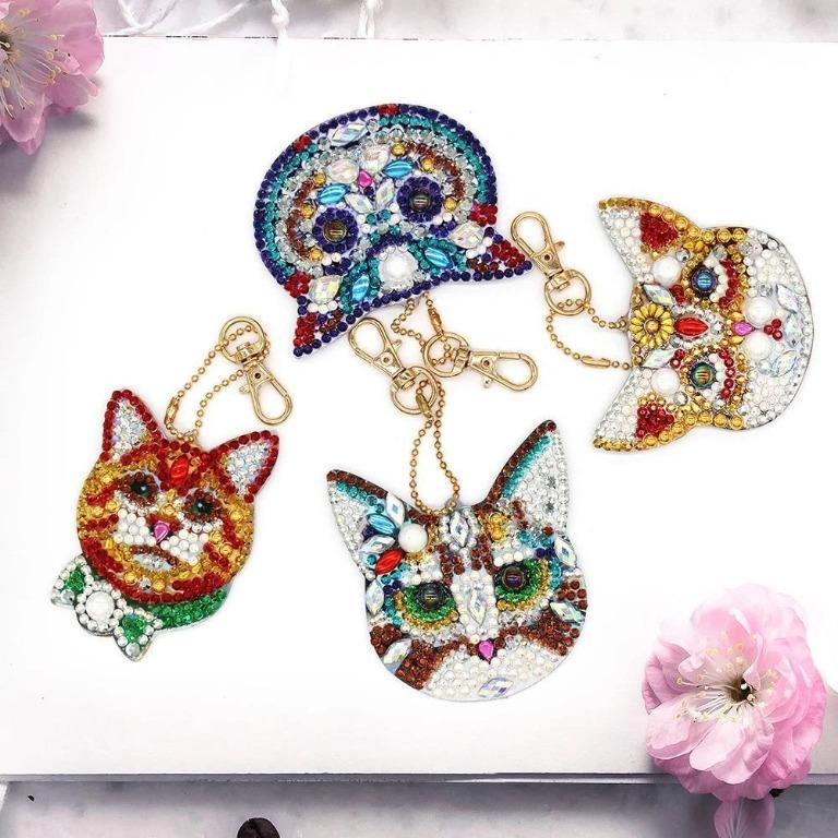 4pcs Diy Diamond Art Painting Cats Keychain Design Craft