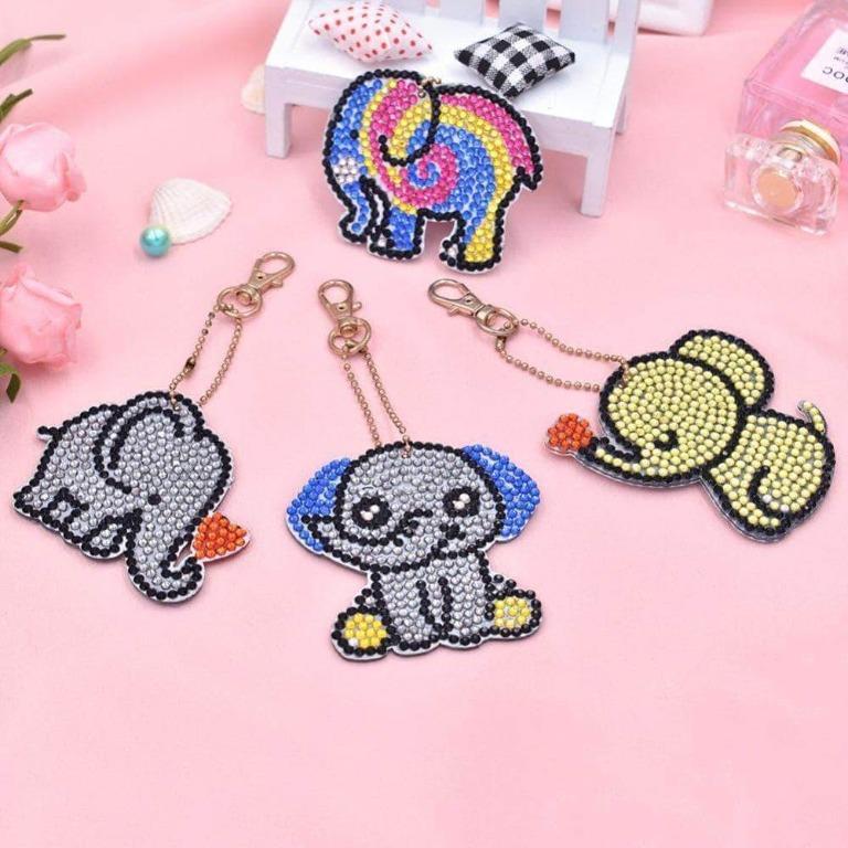 4pcs Diy Diamond Art Painting Baby Elephants Keychain Design