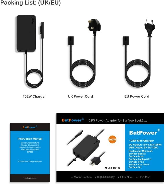 Batpower 15v 6 33a Surface 102w Power Supply For Surface Book 2 Charger Surface Book 2 Laptop 13 15 Inch Power Adapter Microsoft 1798 Surface 102w Power Cord 5v 2a Usb Port And