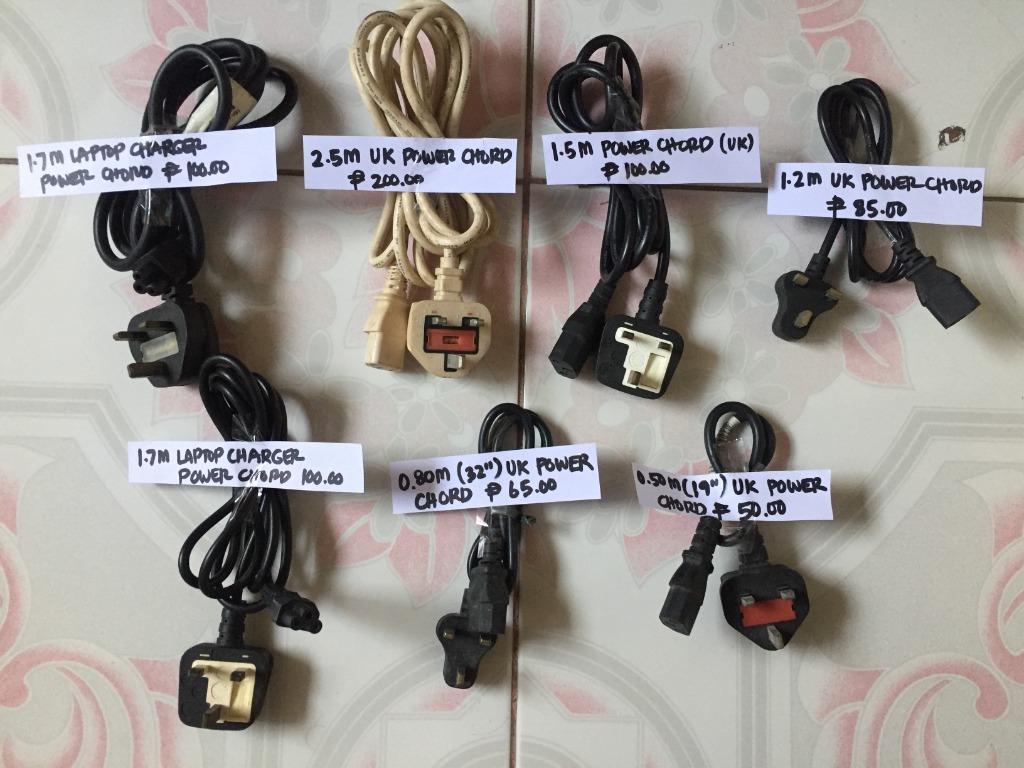Power Chord & Cables (Category: Cables & Adaptors) located in Imus. Submitted by nhelsg2 (Listing ID 1007831757, Image 1). Description: Power Chord & Cable 1) 1.2m Laptop charger power cord 100.00 php each 2) 2.5 Power Cord UK Power Cord 200.00 php each 3) 1.5 Power Cord UK Power Cord 100.00 php each 4) 1.2 Power Cord UK Power Cord 85.00 php each 5) 0.80M (32”) UK Power Cord 65.00 php each 6) 0.50M (19”) UK Power Cord 50.00 php each 7) 1.7M DVI -