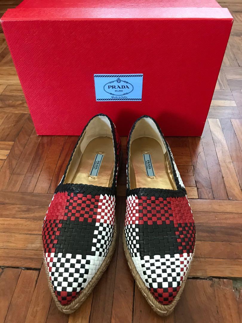 Prada Madras2 weave espadrilles (Category: Flats & Sandals) located in Paranaque City. Submitted by superpeanut (Listing ID 1007769137, Image 1). Description: Prada Madras2 espadrilles Red, black, white woven leather EU size 37.5 Insole- 25cm With box 100% authentic Bought in HK Used but in excellent (looks new) condition Used only twice Super comfy Clean inside and out No rubmarks, no dirt marks on the soles BPI deposit only LBC or JRS #carouswi
