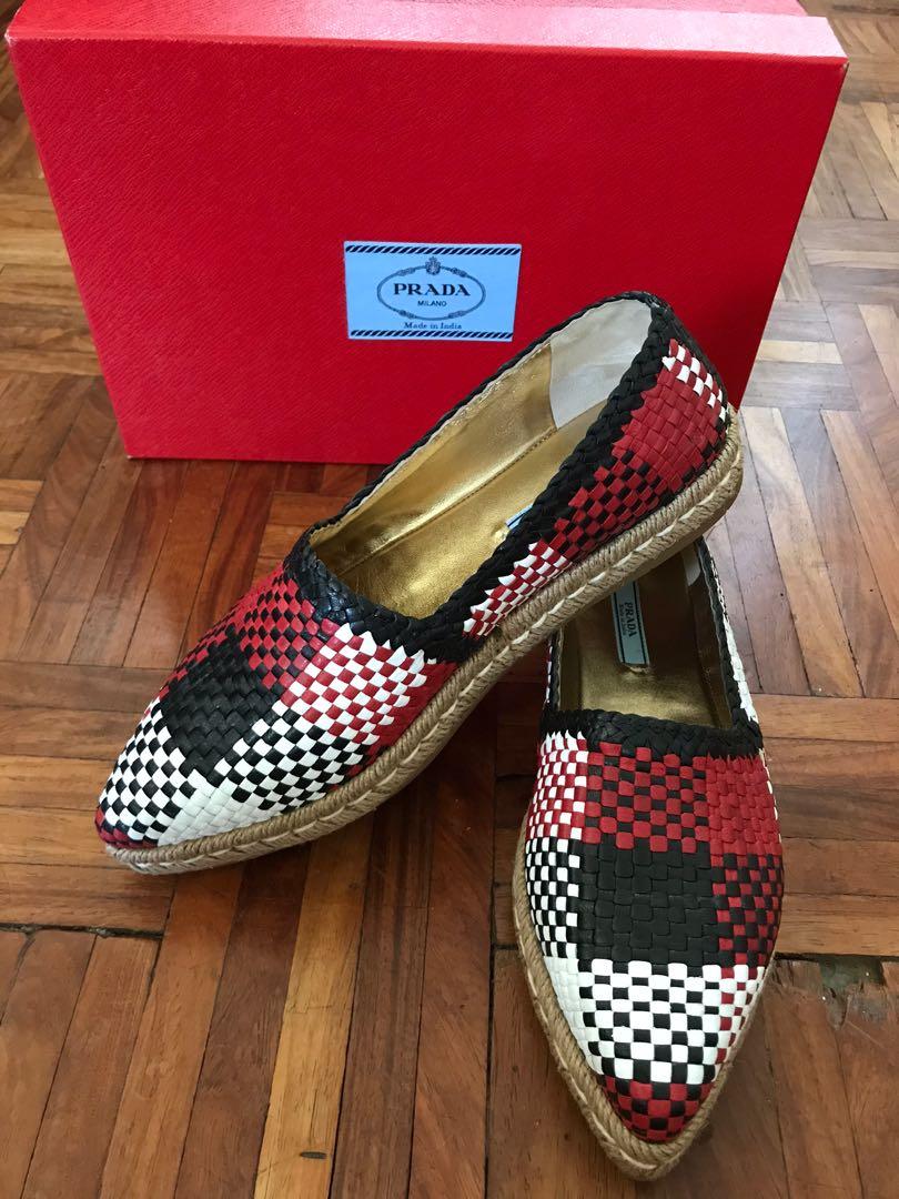 Prada Madras2 weave espadrilles (Category: Flats & Sandals) located in Paranaque City. Submitted by superpeanut (Listing ID 1007769137, Image 2). Description: Prada Madras2 espadrilles Red, black, white woven leather EU size 37.5 Insole- 25cm With box 100% authentic Bought in HK Used but in excellent (looks new) condition Used only twice Super comfy Clean inside and out No rubmarks, no dirt marks on the soles BPI deposit only LBC or JRS #carouswi
