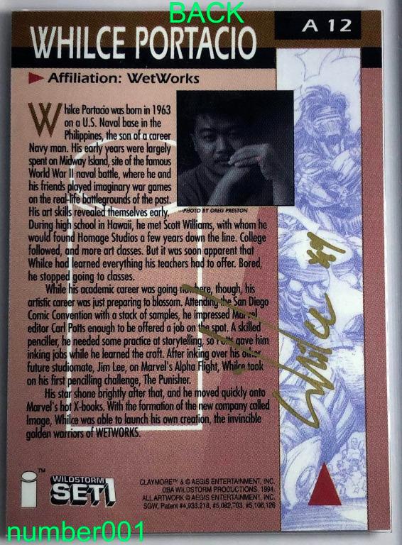 Wetworks Comics card signed autographed Whilce Portacio (Category: Raw Singles) located in Manila. Submitted by number0101 (Listing ID 1007753006, Image 2). Description: THIS AD WILL BE DELETED ONCE ITEM IS SOLD Extremely Rare chase or insert card Wild Storm Set 1 Personally autographed by Philippines born and US based renowned comics book artist, WHILCE PORTACIO. The artist only personally signed a few pieces of these cards. It is very hard to f
