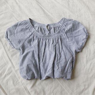 H&M Grey & White Pinstriped Elasticised Muffin Puff Sleeve Top