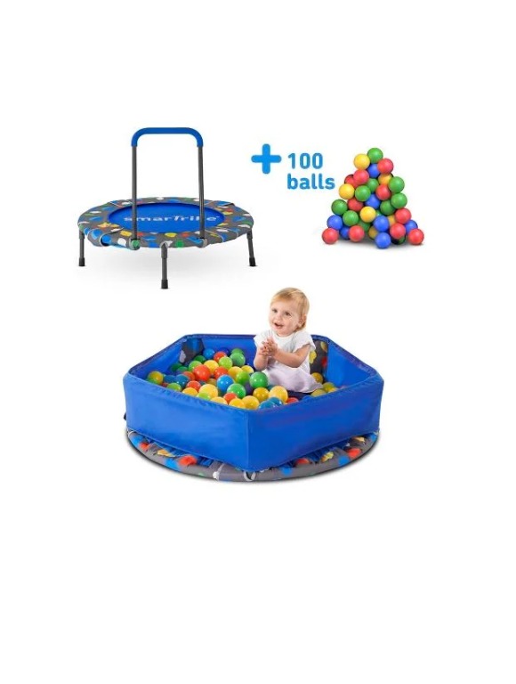 Trampoline with outlet ball pit