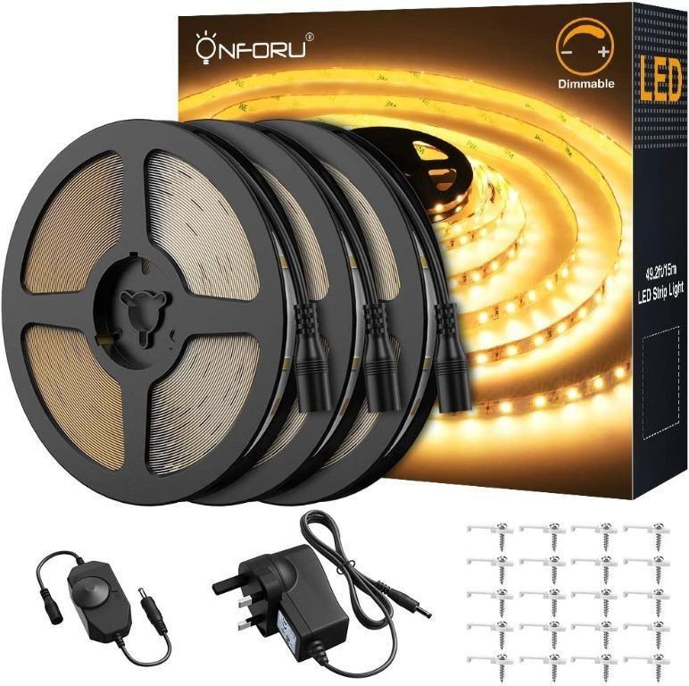Onforu 5M Dimmable LED Strip Lights Kit, 3000K Warm White Tape Light, 300  2835 LEDs Lighting