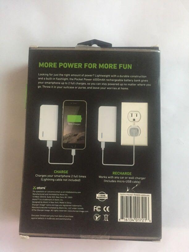 power bank (pocket power battery) (Category: Chargers) located in Pasay City. Submitted by redgiftshop (Listing ID 1008066648, Image 2). Description: 4000mAh works with any car or wall charger charges your smartphone 2 full times product directly brought in US product code: B- Joana.