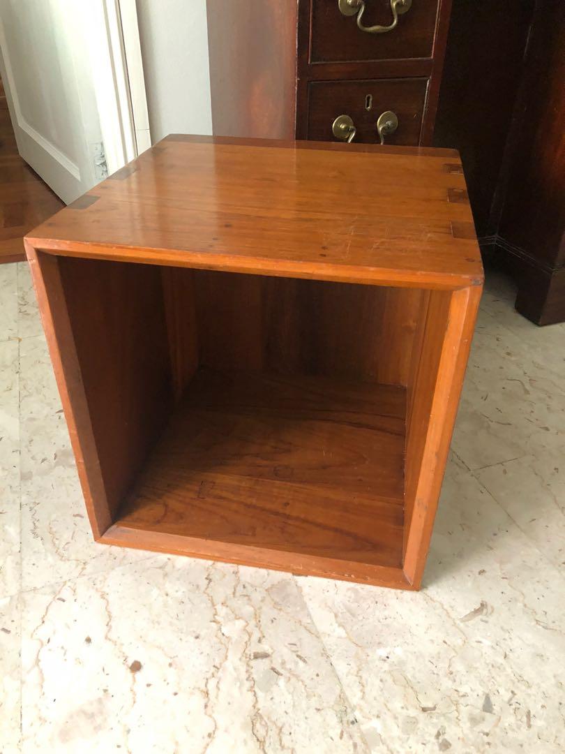 Vintage Cube Storage Box / Side Table Burmese Teak Wood, Vintage