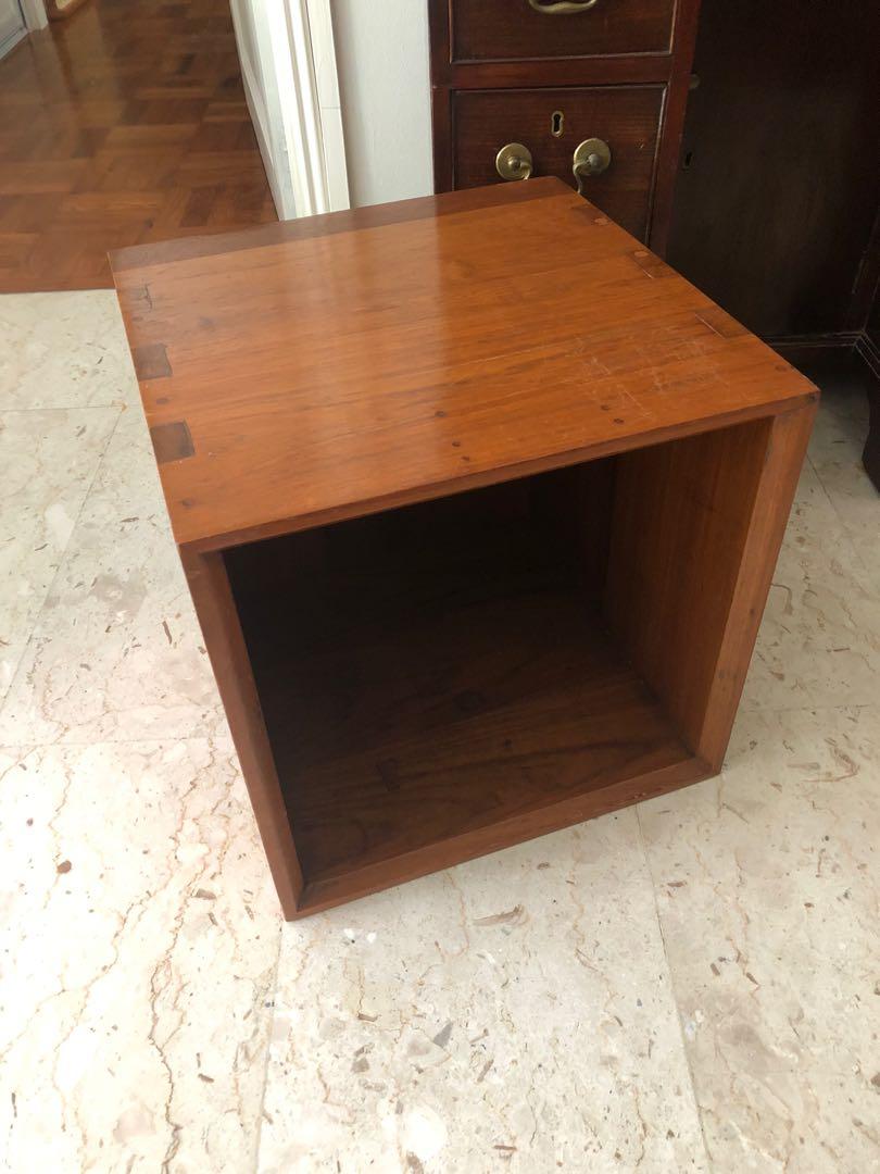 Vintage Cube Storage Box / Side Table Burmese Teak Wood, Vintage