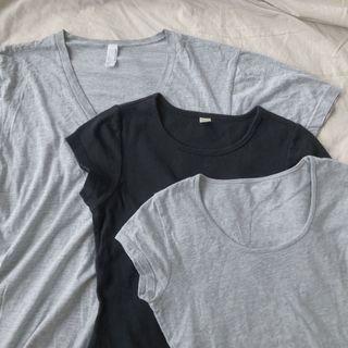 AMERICAN APPAREL (AA) + Vintage Basic Cotton Plain Tees in Black / Heather Grey