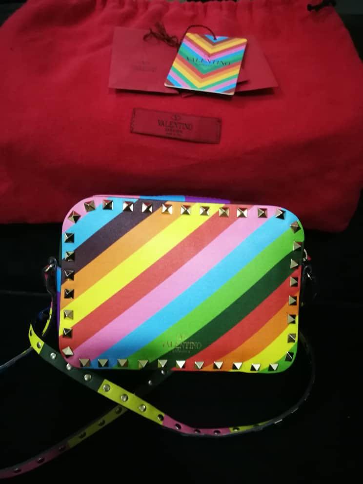 AUTHENTIC VALENTINO Garavani Rockstud Multicolor Camera Crossbody Rainbow Messenger Bag