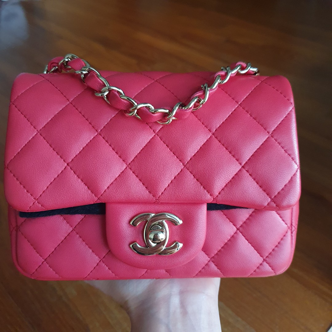 Chanel Mini Square Flap in Coral Hot pink GHW #25, Luxury, Bags