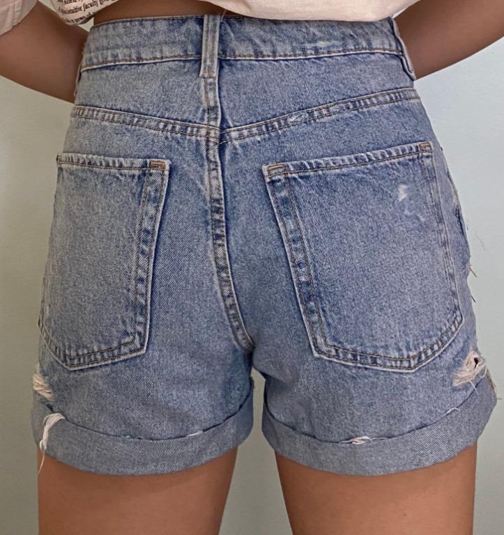 H&M Ripped HW Denim Shorts (Category: Shorts) located in Cainta. Submitted by red_umbrella (Listing ID 1008236033, Image 3). Description: Fits sizes S-M Used Non-stretch denim fabric Specific Measurements: L-12" W-27"-28" #carouswitch.
