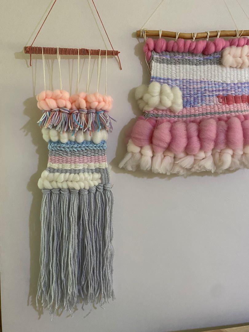 Pastel Pink Macrame Weave Wool Wall Hanging Kids Room Decor