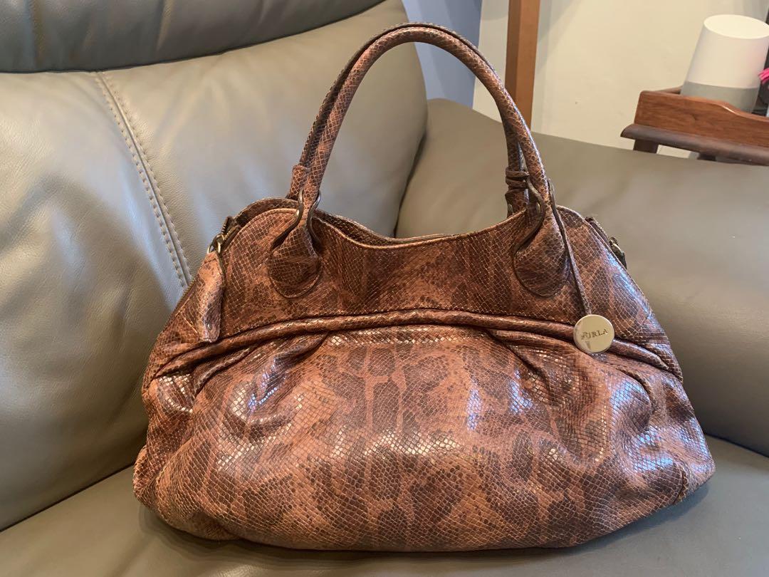 Used Furla python embossed genuine leather bag