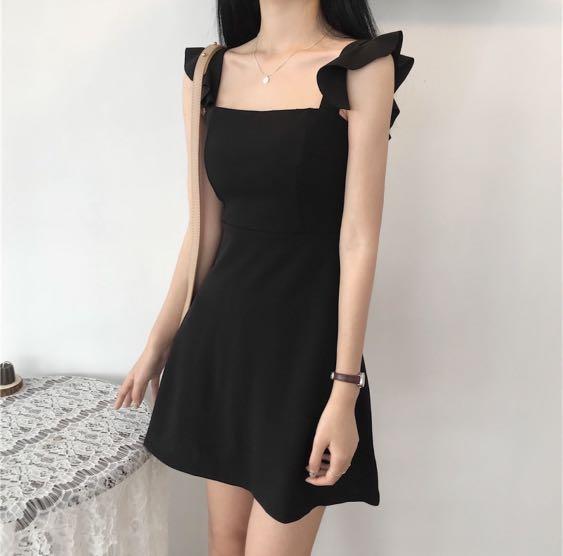 Black a-line mini Dress ruffled straps 