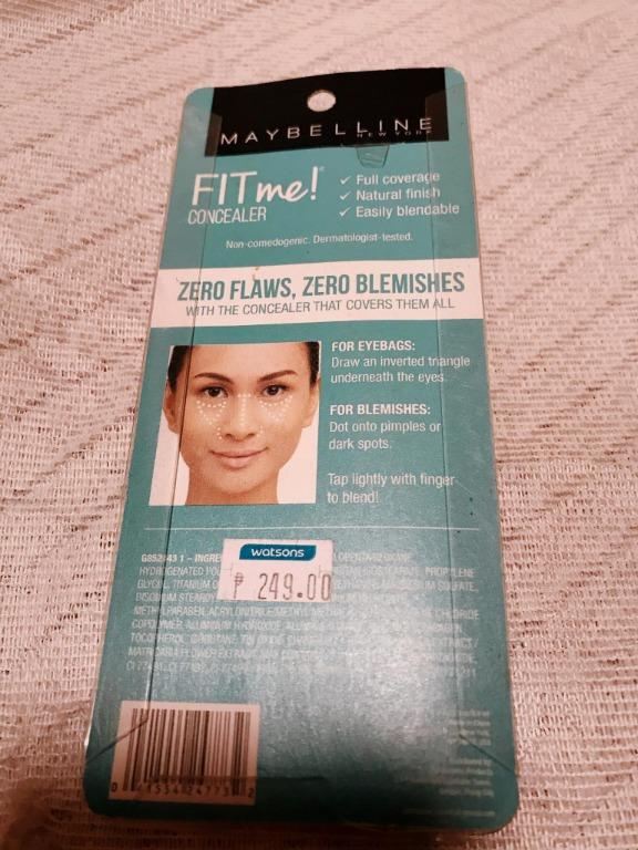 Maybelline FIT ME Concealer (#20 Sand) (Category: Makeup) located in Manila. Submitted by dyoza2008 (Listing ID 1008521105, Image 2). Description: #20 Sand ORIGINAL Full Coverage Natural Finish Easily Blendable Zero Flaws, Zero Blemishes Skin looks perfected with this natural coverage liquid concealer. This oil-free concealer formula conceals redness, flaws, and blemishes. Matches all skin tones. Dermatologist tested. Ophthalmologist tested. Non-