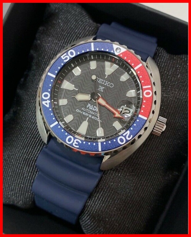 Seiko Mini Turtle Prospex PADI Automatic Diver Pepsi Bezel Blue Rubber Strap Men Watch