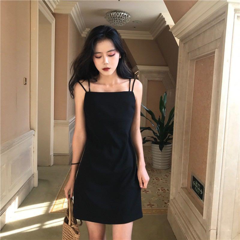 365 a line black dress simple basic strappy strap spag spaghetti strap cami midi ulzzang korean vintage retro