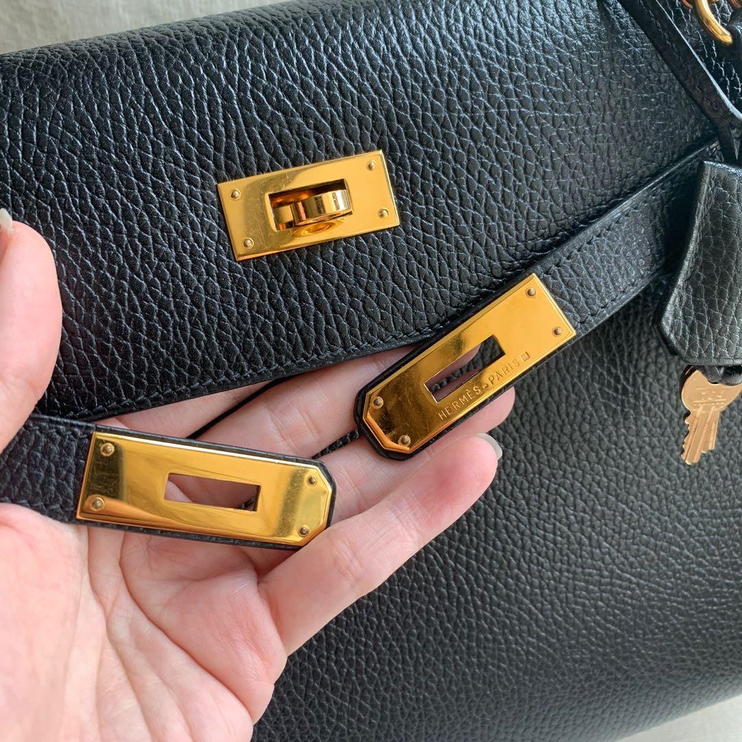 hermes kelly 25cm sellier (stamp b) black epsom leather, gold hardware,  with lock, keys, strap, raincoat, dust cover & box