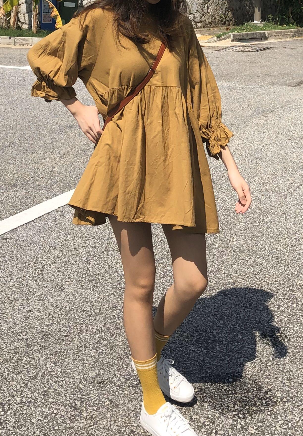 Korean Babydoll Dress Mustard Women s Fashion Muslimah Fashion