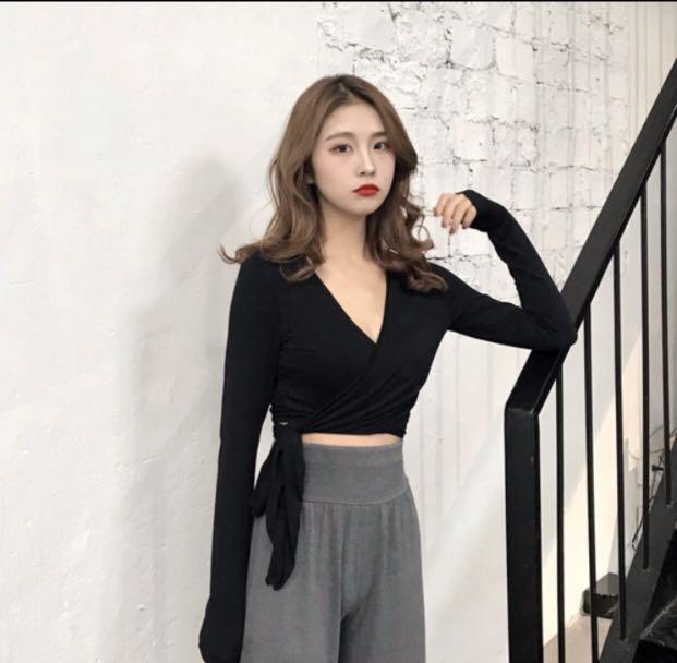 black long sleeve wrap top