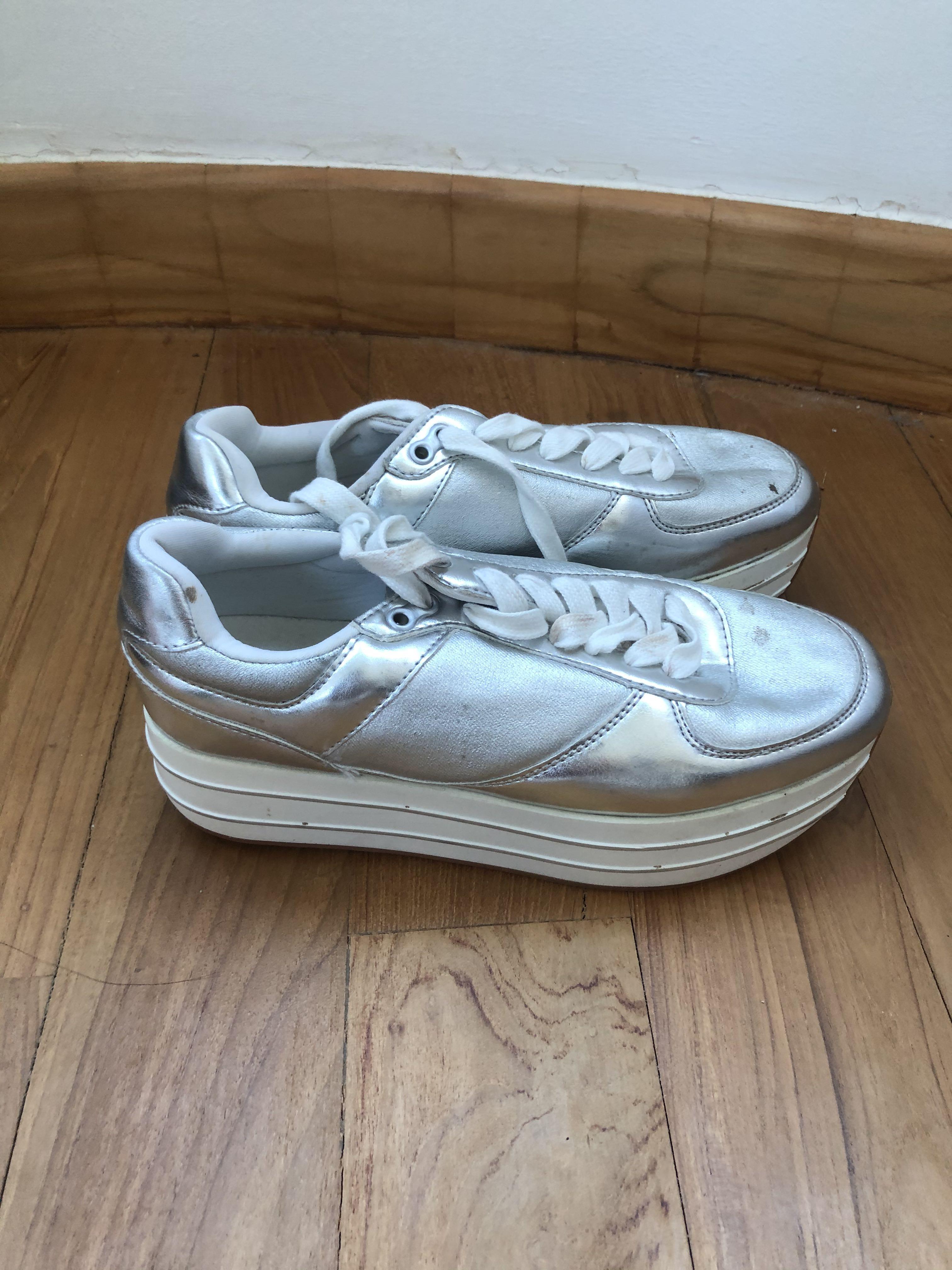 silver metallic platform sneakers