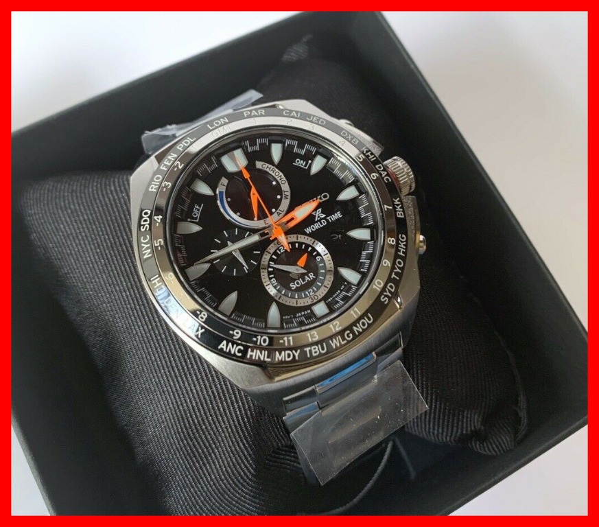 Seiko men's prospex world time solar on sale chronograph silvertone watch