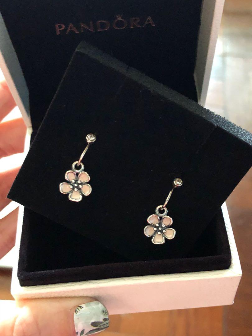 Authentic PANDORA Pink Cherry Blossom Flower Hooked Earrings