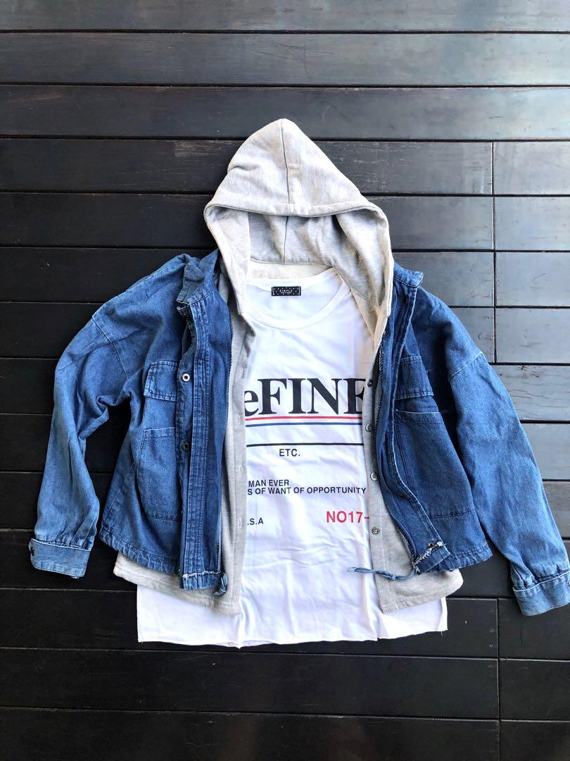Denim jacket on discount top of hoodie