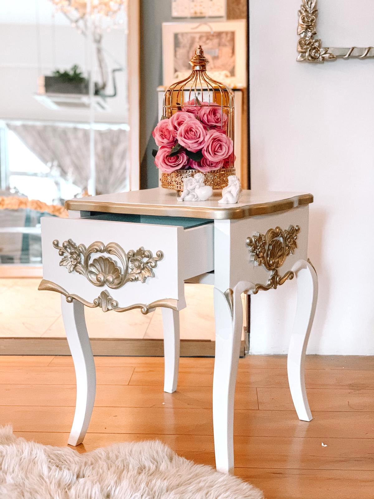 Instock Modern Victorian White Gold Bedside Table Teak Furniture